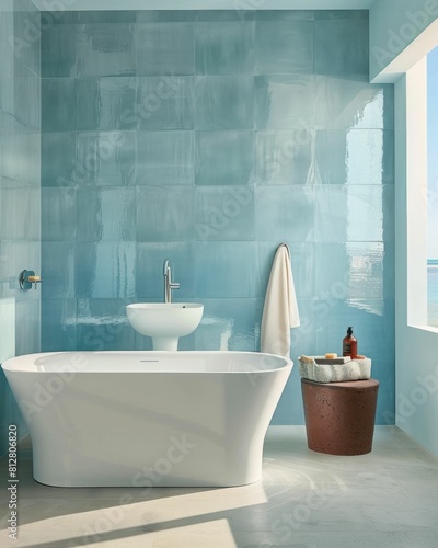 Luxurious Seaside Bathroom with Blue Tiles  White Tub  and Ocean View Window