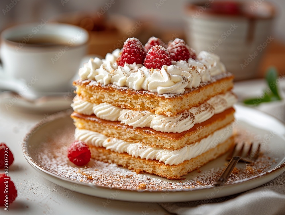 A slice of white cake with whipped cream on top sits on a white plate A slice of white cake with whipped cream on top sits on a white plate