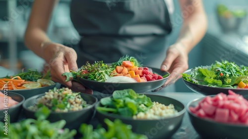 Fresh, Colorful Salad Preparation by Chef in Modern Kitchen. horizontal banner © Jullia