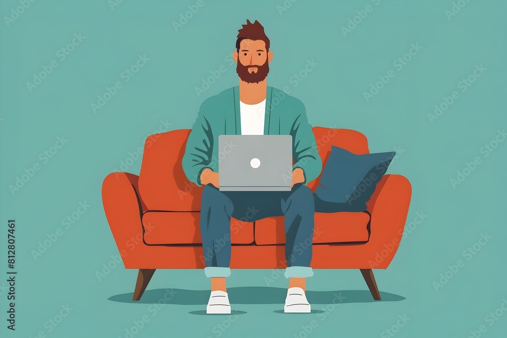 Hipster Man Working on Laptop Relaxing on Couch in Trendy Home Office Setting Hipster Man Working on Laptop Relaxing on Couch in Trendy Home Office Setting