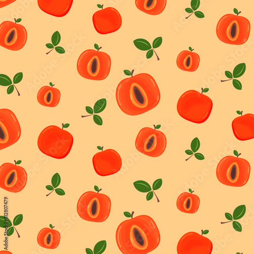 Juicy pattern with whole and half peaches in the flat style.