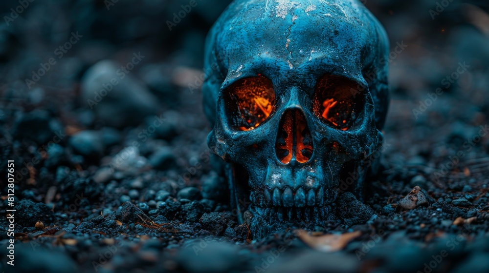 A skull with glowing eyes sitting on a pile of rocks, AI