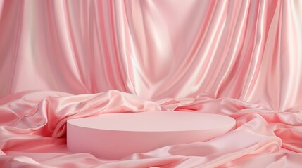Luxury beauty product podium stage with silk fabric on pink background Premium brand showcase mockup template Studio stage scene display Soft and creamy pastel aesthetic : Generative AI
