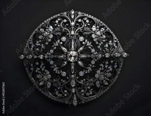 Brooch, Silver diamond black background Generative AI