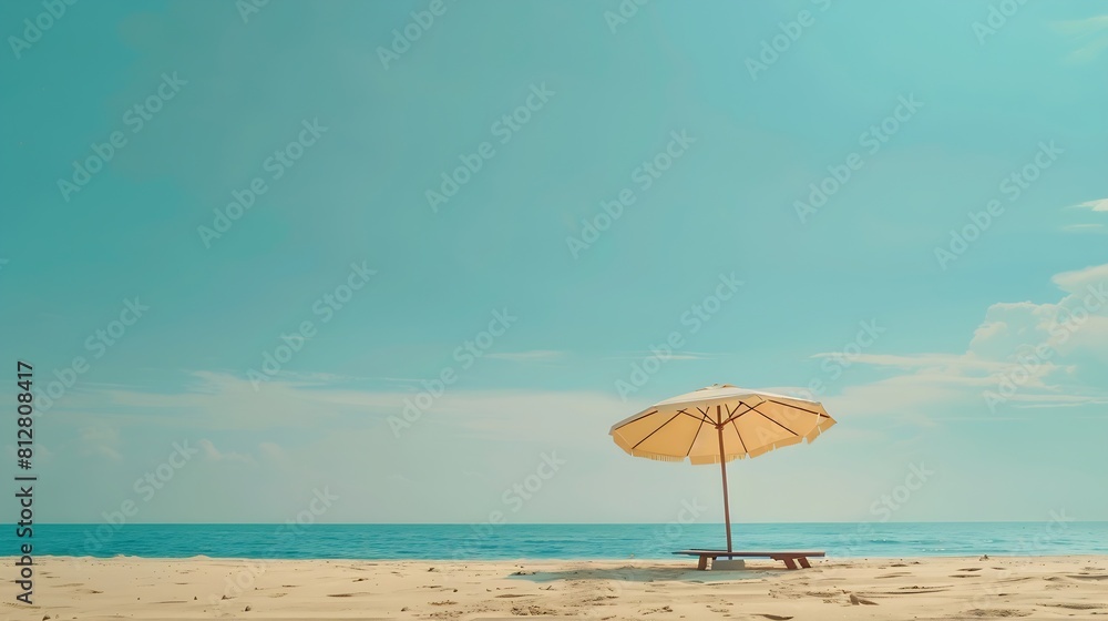 Sun umbrella and house on sandy beach blue sky and sea in the background Investment in resort real estate concept Dream vacation at sea Copy space : Generative AI