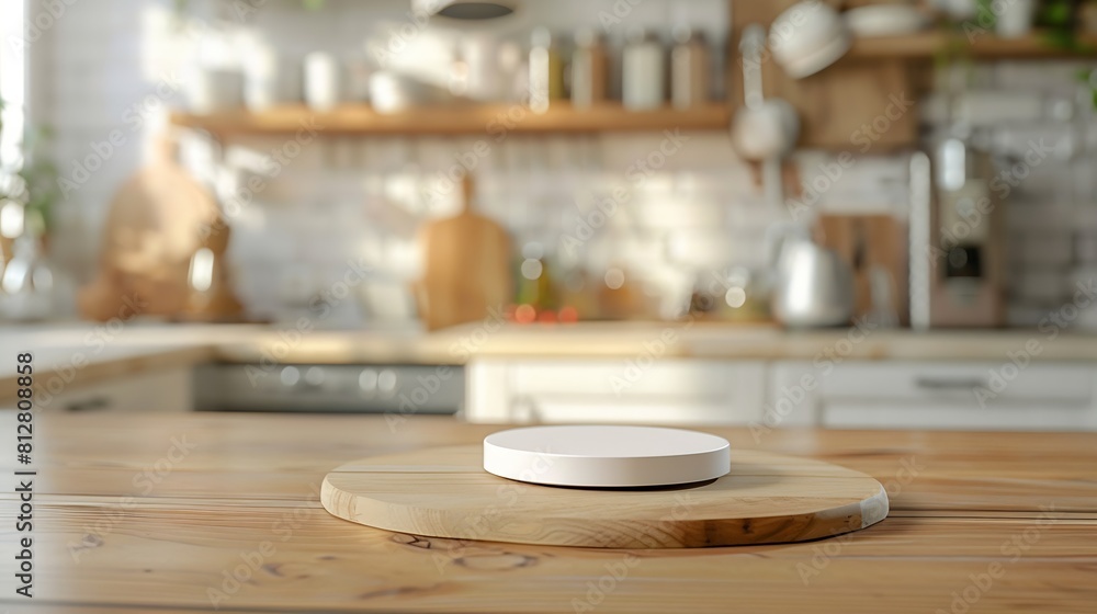 Pedestal for product on wooden table in blurred kitchen interior : Generative AI Pedestal for product on wooden table in blurred kitchen interior : Generative AI