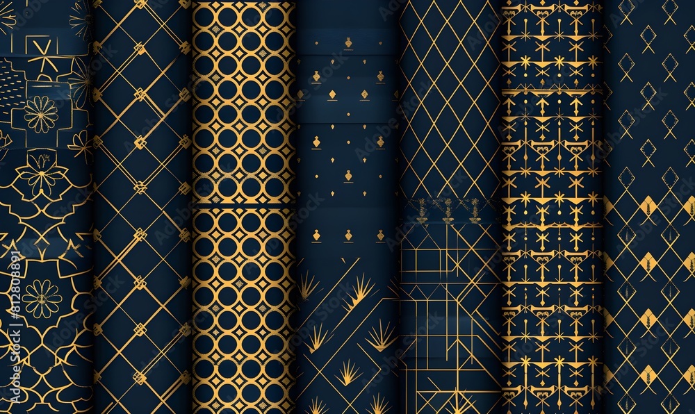 Seamless patterns set with traditional Japanese art deco design elements in navy blue and beige colors, vector illustration. Modern geometric decorative texture for textile fabric print design Seamless patterns set with traditional Japanese art deco design elements in navy blue and beige colors, vector illustration. Modern geometric decorative texture for textile fabric print design