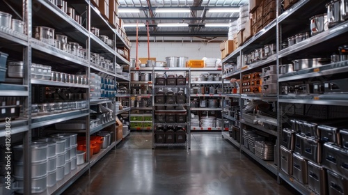 Large warehouse aisle filled with various supplies and equipment in industrial storage facility