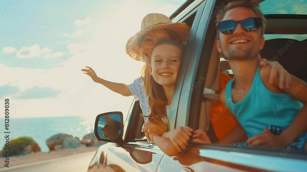 Fototapeta premium Holiday and travel family concept Summer vacationsHappy family enjoying road trip with their favorite car Parents and children are traveling the way to the sea or ocean : Generative AI