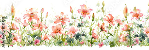 Soft Pastel Stemmed Lilies and Verdant Clover on White Background with a Long Field of Cherry Blossoms in Clipart Style