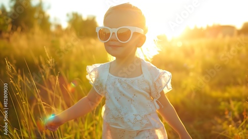 Happy little girl with big sunglasses walking in the meadow and looking at the sun : Generative AI