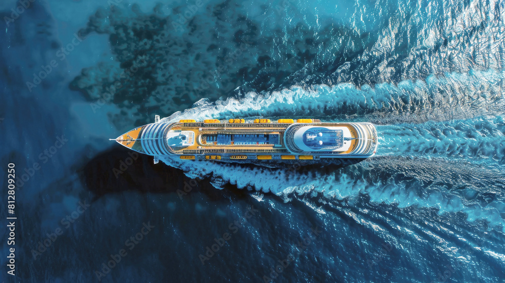 Large beautiful cruise ship sailing at blue sea, top view, aerial view. Large beautiful cruise ship sailing at blue sea, top view, aerial view.