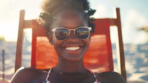 Happy african american woman in sunglasses sitting in deckchair smiling on sunny beach by sea Summer relaxation free time and vacation unaltered : Generative AI #812809248