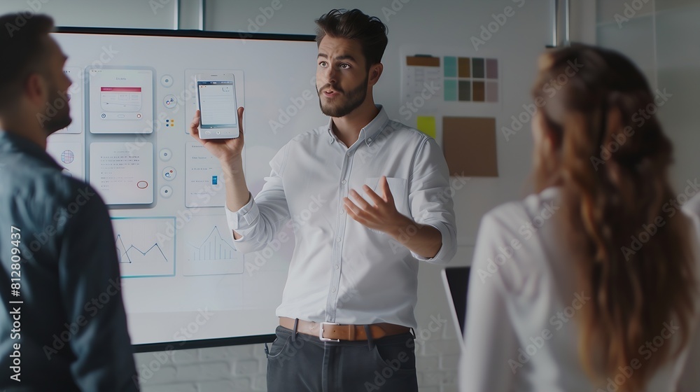 Obraz premium Portrait of young businessman giving presentation to colleagues Young man showing new app design layout on white board to coworkers during business presentation : Generative AI