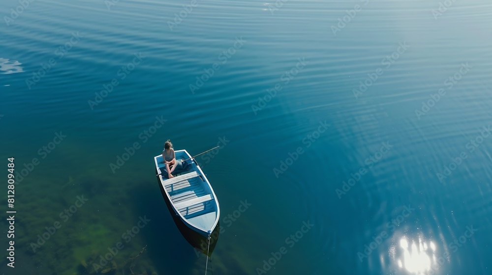Aerial view of fishing boat with young woman and man in blue summer lake in Finland : Generative AI