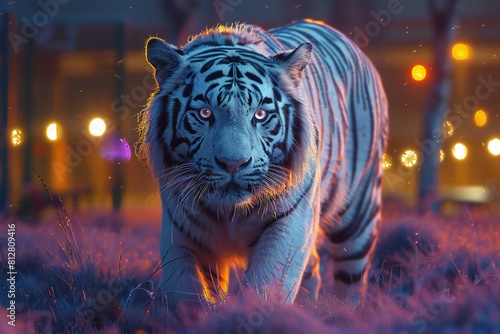 Siberian Tiger in the forest at night, rendering photo