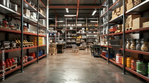 Warehouse Aisle Filled with Food and Various Items on Shelves in 3D Rendering © VICHIZH