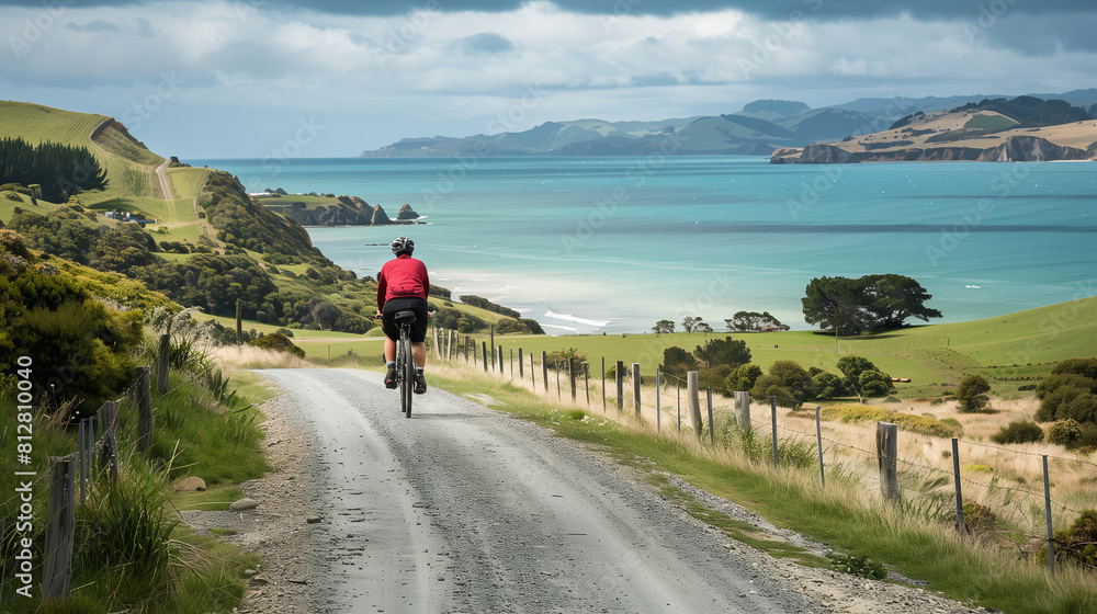 A person riding a bicycle along a scenic coastal path with ocean views, summer activity A person riding a bicycle along a scenic coastal path with ocean views, summer activity