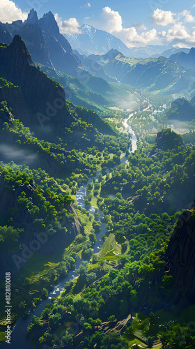 Serene Beauty: A River Winding Through a Verdant Valley Under the Radiant Sun