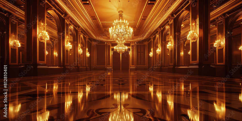 An empty room, a luxury elegant hall with marble finishing in dark colors with beautiful yellow lighting. An empty room, a luxury elegant hall with marble finishing in dark colors with beautiful yellow lighting.
