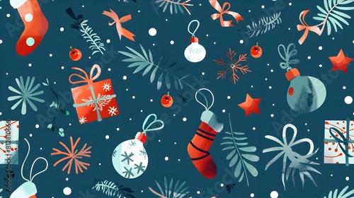 Vibrant Christmas Elements Forming Festive Holiday Background with Gifts and Ornaments