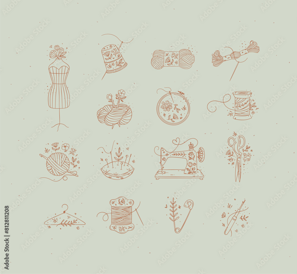 Sewing item icons scissors, mannequin, pin, thimble, wool, threads, yarn, skein, bobbin, pillow, sewing machine, hanger embroidery circle hook drawing in floral style on turquoise background