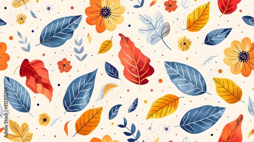 Vibrant Autumn Floral Botanical Background with Leaf and Blossom Elements