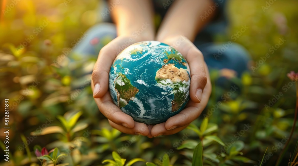 Close-up of hands cradling painted Earth against lush backdrop Close-up of hands cradling painted Earth against lush backdrop