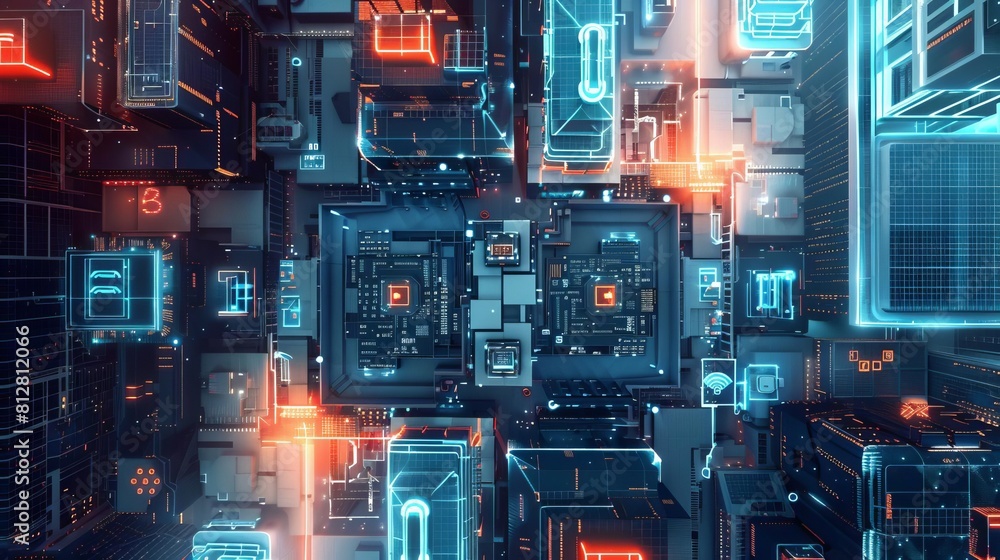 Secure WiFi network connections in a smart building, top view Buildingwide network security with a futuristic tone and a Complementary Color Scheme Secure WiFi network connections in a smart building, top view Buildingwide network security with a futuristic tone and a Complementary Color Scheme