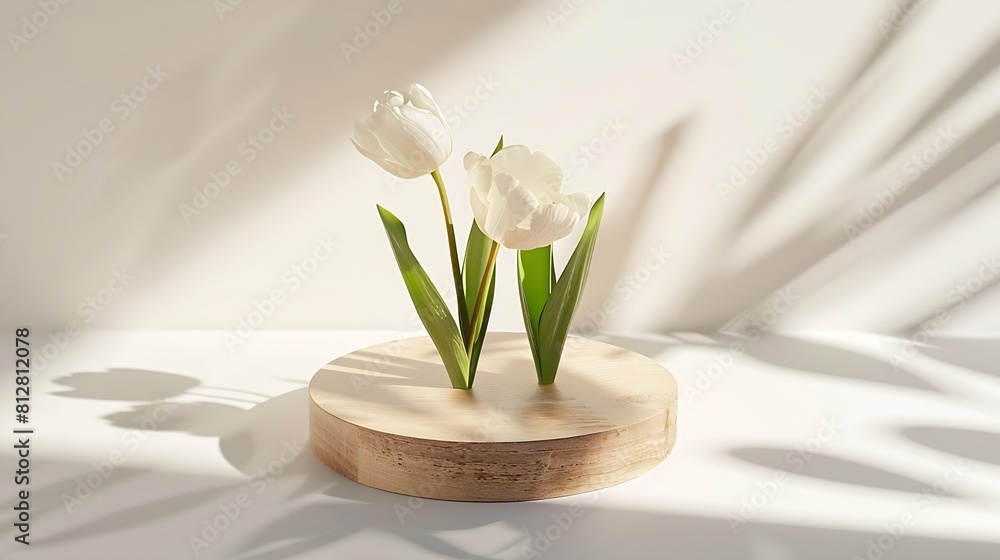 Geometric empty podium wooden platform stand for product presentation and spring flowers and shadows on white background : Generative AI