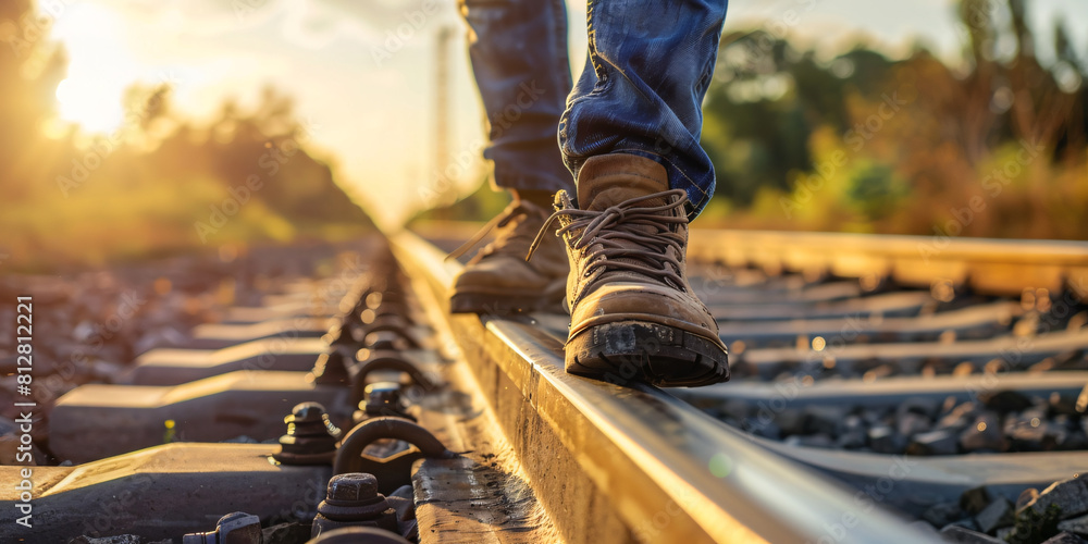 Urban Life in Motion close up leg walking on railway track Urban Life in Motion close up leg walking on railway track