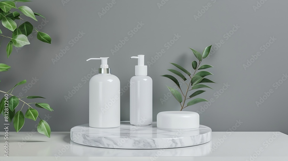 Marble white round podium for bathing products in bathroom spa shampoo shower gel liquid soap Place background for cosmetics Front view Copy space : Generative AI Marble white round podium for bathing products in bathroom spa shampoo shower gel liquid soap Place background for cosmetics Front view Copy space : Generative AI