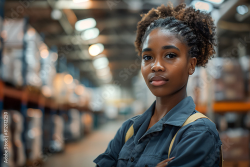 Warehouse employee african american woman, supervising staff, warehouse operations. photo