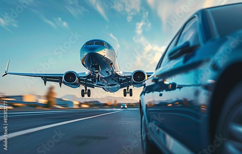 Sleek Commercial Airplane in Motion, Captured from a High Angle with Adjacent Cars on a Runway © Bipul Kumar