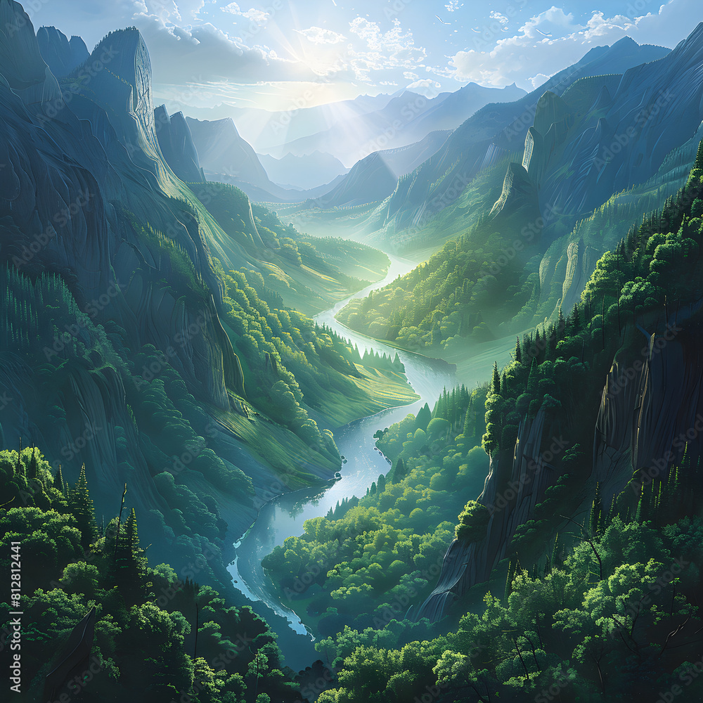 Serene Beauty: A River Winding Through a Verdant Valley Under the Radiant Sun