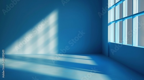 Abstract blue studio background for product presentation Empty room with shadows of window 3d room with copy space Blurred backdrop : Generative AI