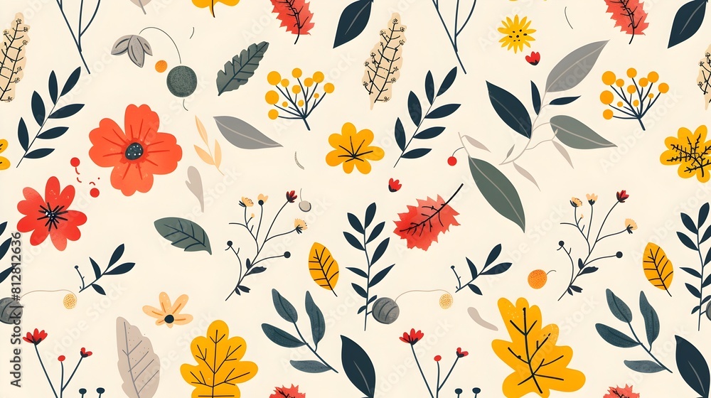 Vibrant Autumn Nature Elements with Leaves Pollen and Blooming Flowers in Flat Design Graphic Vibrant Autumn Nature Elements with Leaves Pollen and Blooming Flowers in Flat Design Graphic