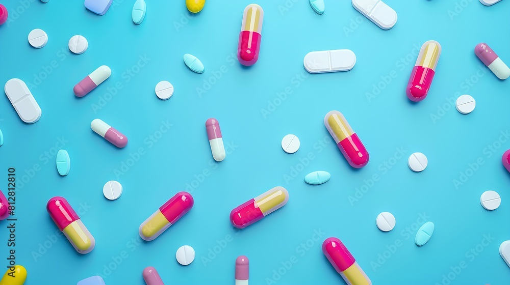 Creative layout of colorful pills and capsules on blue background Minimal medical concept Pharmaceutical Covid19 or Coronavirus Flat lay top view : Generative AI Creative layout of colorful pills and capsules on blue background Minimal medical concept Pharmaceutical Covid19 or Coronavirus Flat lay top view : Generative AI