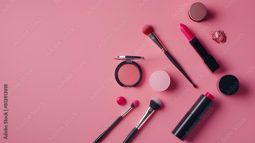 Overhead flat lay of make up items against a pink background various brushes lipstick eye shadow and blush : Generative AI Overhead flat lay of make up items against a pink background various brushes lipstick eye shadow and blush : Generative AI