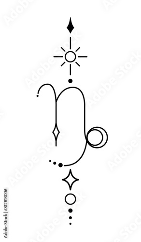 Capricorn zodiac sign and symbol blackwork tattoo. Sacred geometry horoscope tattoo design, mystic symbol of constellation. New school dotwork, line art minimalist style tattoo. Boho design.