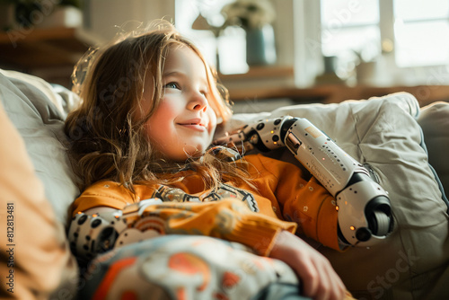 Bionic prosthetic hand for a girl, robotic arm for a child, integrating science and biotechnology for improved quality of life.