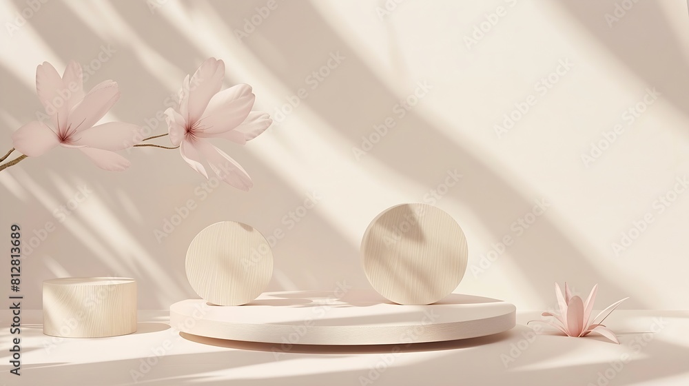 Wooden geometric podium for product demonstration 3d round and square shapes on white and beige background with floral shadow Stands for presentation of cosmetics : Generative AI Wooden geometric podium for product demonstration 3d round and square shapes on white and beige background with floral shadow Stands for presentation of cosmetics : Generative AI