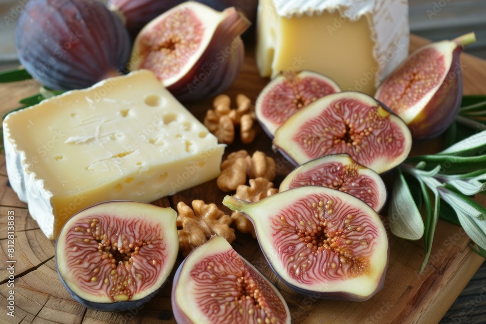 Gourmet selection of cheese with ripe figs and walnuts, closeup on a rustic wooden surface Gourmet selection of cheese with ripe figs and walnuts, closeup on a rustic wooden surface
