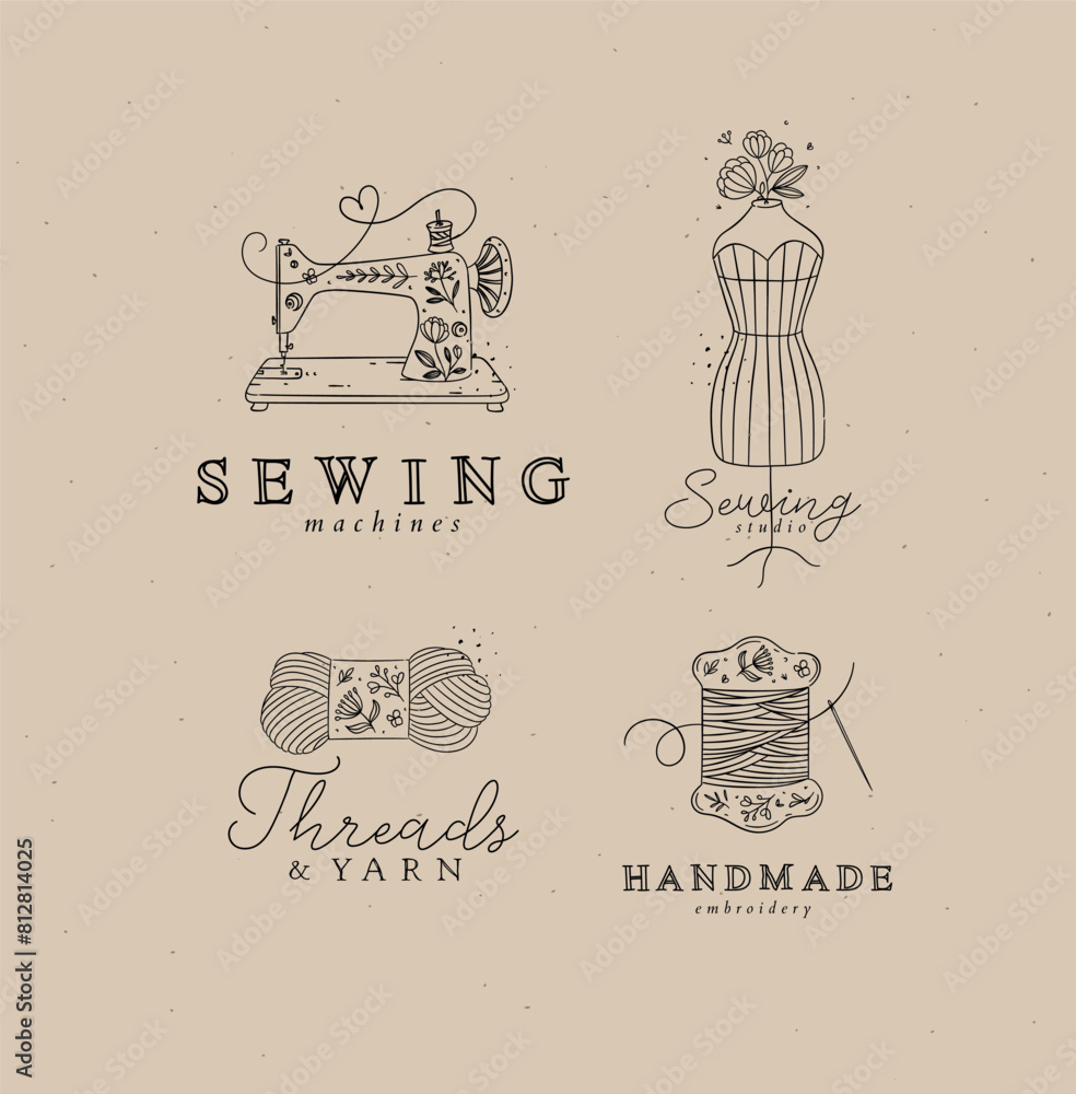 Sewing symbols machine, mannequin, wool, thread with lettering drawing in floral style on coffee color background
