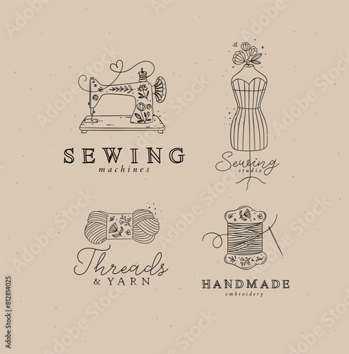 Obraz na płótnie Sewing symbols machine, mannequin, wool, thread with lettering drawing in floral style on coffee color background w salonie