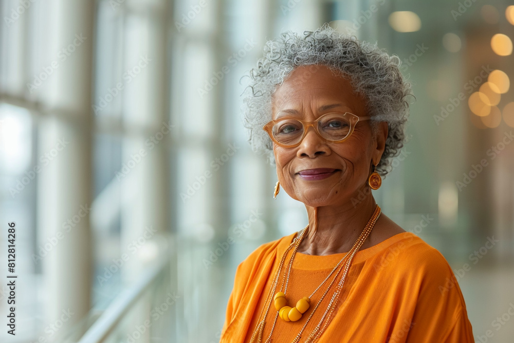 Mature african american museum-goer, marveling at artistic expression, finding joy in creativity. Mature african american museum-goer, marveling at artistic expression, finding joy in creativity.