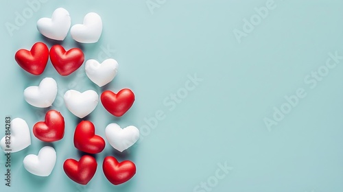 Valentines Day background White and red hearts on pastel blue background Valentines day concept Flat lay top view copy space : Generative AI