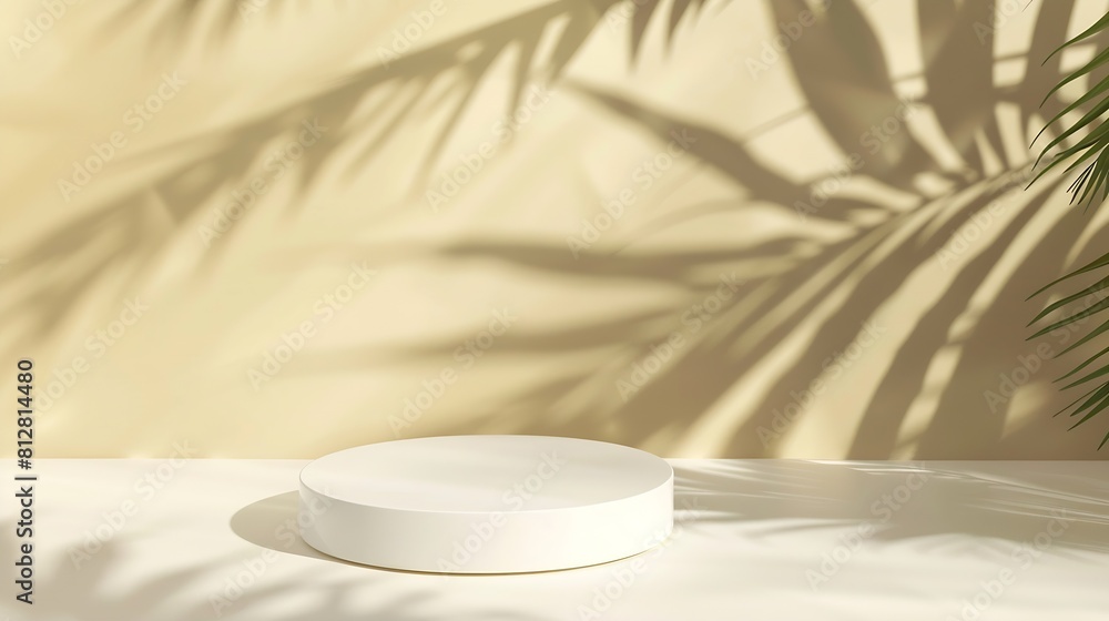 Minimal abstract background for the presentation of a cosmetic product Premium podium with a shadow of tropical palm leaves on a yellowgray background Showcase display case : Generative AI Minimal abstract background for the presentation of a cosmetic product Premium podium with a shadow of tropical palm leaves on a yellowgray background Showcase display case : Generative AI