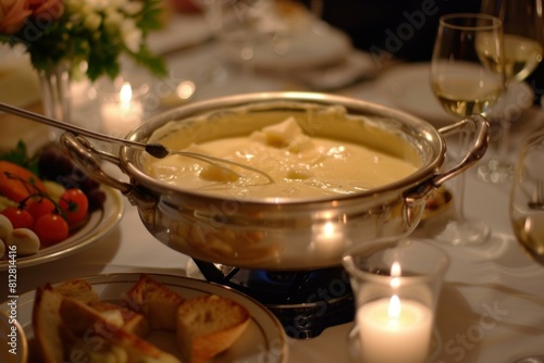 Elegant dining table setup with a pot of creamy cheese fondue, wine, and accouterments photo