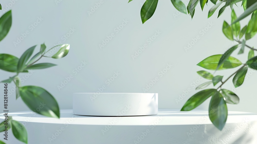 Minimal modern product display on light gray background copy space Concrete empty podium and green leaves Concept scene stage showcase for cosmetic product skin care product presentati : Generative AI Minimal modern product display on light gray background copy space Concrete empty podium and green leaves Concept scene stage showcase for cosmetic product skin care product presentati : Generative AI